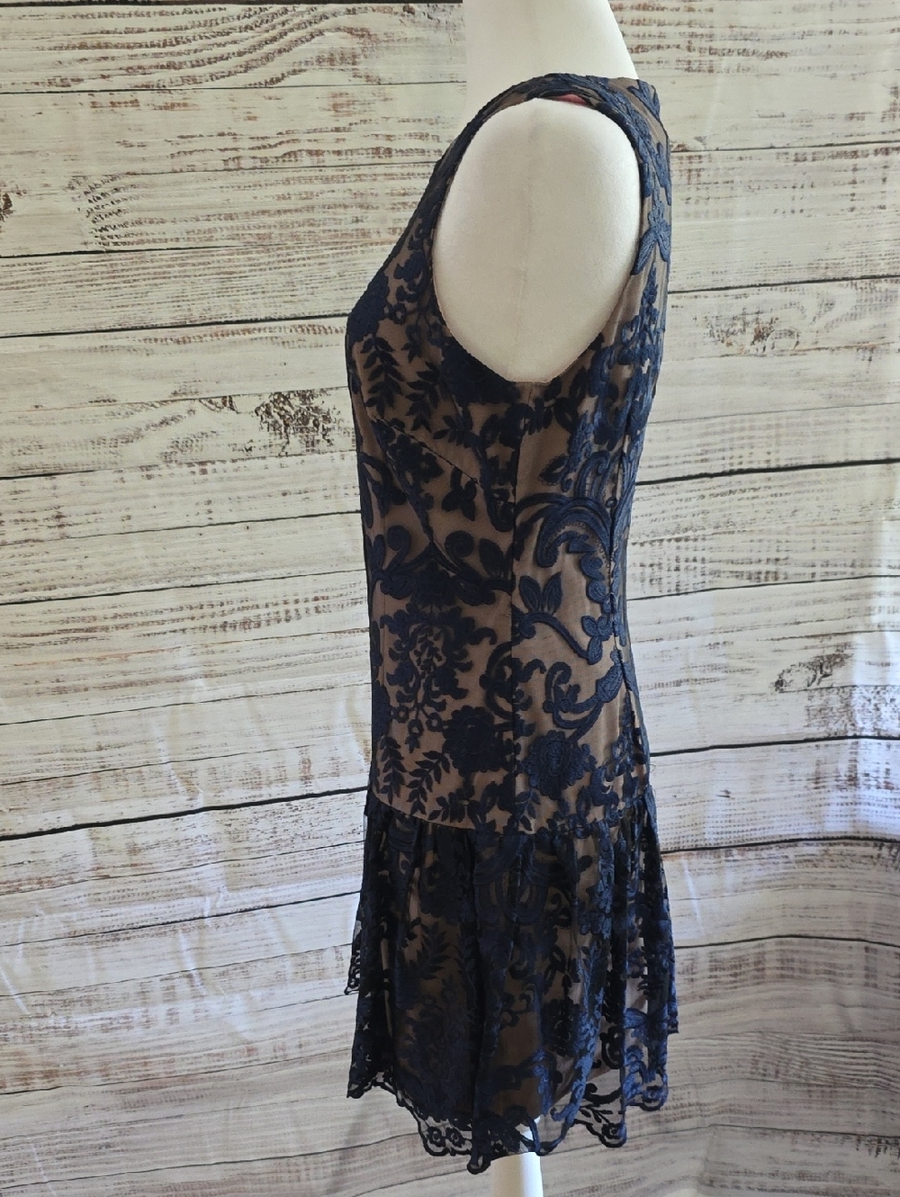 ML Monique Lhuillier Navy Lace Overlay Drop-Waist Dress Size 8 - Picture 5 of 12